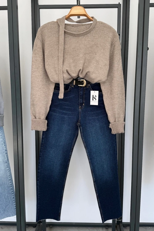 Yaka Detaylı Düğmeli Kazak Açık Vizon