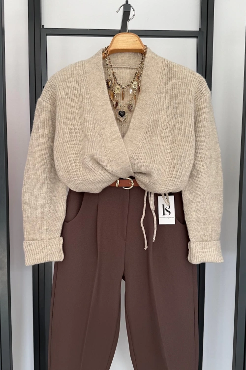 Yandan Bağlamalı Hırka Açık Bej