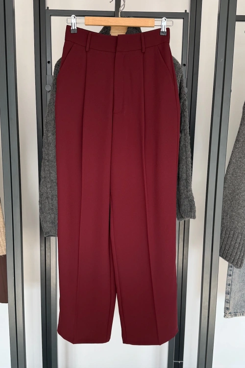 Yüksek Bel Kumaş Pantolon Bordo