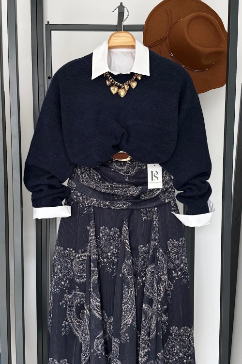 Yumuşak Dokulu Bisiklet Yaka Kazak Lacivert