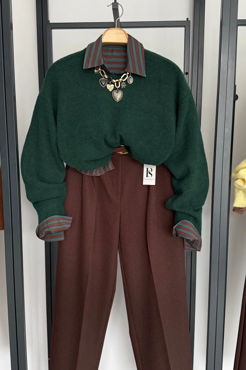 Yumuşak Dokulu Bisiklet Yaka Kazak Zümrüt