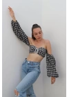 Front Buckled Plaid Puckered Blouse