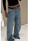 1004 Wide Leg Yıkamalı Jean Mavi