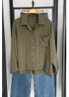 Çizgi Desen Oversize Gömlek Haki