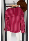 Çizgili Kayık Yaka Gömlek Kırmızı