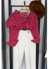 Çizgili Kayık Yaka Gömlek Kırmızı