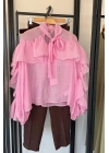 Fular Yaka Romantik Kesim Gömlek Pembe