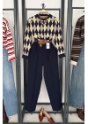 Bisiklet Yaka Baklava Desen Kazak Sarı