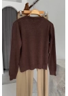 Crew Neck Plain Sweater Kahverengi