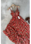 Desenli Saten Elbise Kiremit