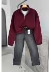 Dik Yaka Fermuarlı Body Sweat Bordo