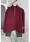 Dik Yaka Fermuarlı Body Sweat Bordo