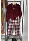 Ekose Pantolon Bordo-Gri