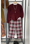 Ekose Pantolon Bordo-Gri