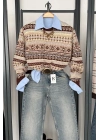 Etnik Desen Retro Triko Kazak Kahve-Sarı