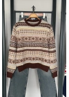 Etnik Desen Retro Triko Kazak Kahve-Sarı