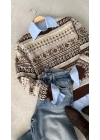 Etnik Desen Retro Triko Kazak Kahve-Sarı