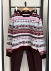 Etnik Desen Retro Triko Kazak Pembe-Mavi
