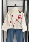Floral Denim Ceket Ekru