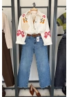 Floral Denim Ceket Ekru