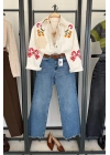 Floral Denim Ceket Ekru