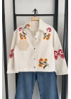 Floral Denim Ceket Ekru