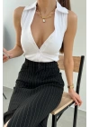 Shirt Collar Front Buttoned Zero Sleeve Blouse