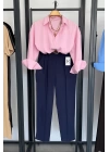 Kabartma Çizgili Oversize Gömlek Pembe