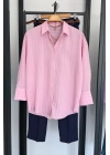 Kabartma Çizgili Oversize Gömlek Pembe