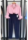 Kabartma Çizgili Oversize Gömlek Pembe