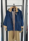 Kadife Yaka Ve Kol Detaylı Denim Ceket Mavi