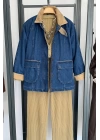 Kadife Yaka Ve Kol Detaylı Denim Ceket Mavi