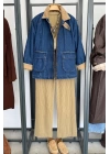 Kadife Yaka Ve Kol Detaylı Denim Ceket Mavi
