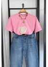 Kalp Detay İşleme T-Shirt Pembe