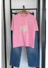 Kalp Detay İşleme T-Shirt Pembe