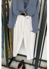 Kemerli Keten Pantolon Beyaz