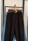 Kemerli Keten Pantolon Siyah