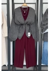 Kendinden Kemerli Bol Paça Pantolon Bordo