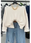 Kendinden Yaka Oversize Kazak Krem