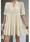 Pleated Sleeve Scalloped Detailed Crinkle Dress