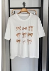 Kurdele Baskılı T-shirt Krem