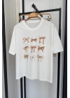 Kurdele Baskılı T-shirt Krem