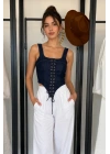 Ön Bağcıklı Denim Korse Büstiyer