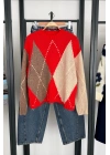 Oversize Baklava Desen Triko Kazak Orange