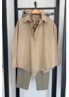 Oversize Basic Keten Gömlek Bej