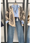 Oversize Desenli Hırka Ekru