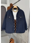 Oversize Rins Yıkama Denim Gömlek Lacivert