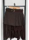 Pileli Kendinden Kemerli Ekose Şort Etek Kahverengi