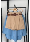 Premıum Beli Lastikli Kemerli Şort Camel