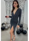 Sholder Padded Shirring and Slit Dress / Gray